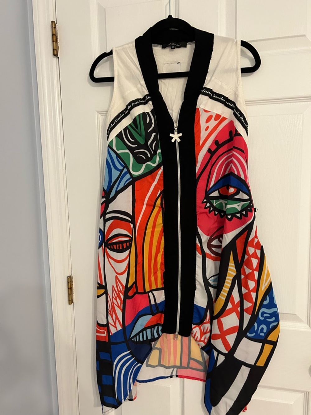 Aqua Colorful Abstract Sleeveless Zip-Front Dress with Asymmetric Hem